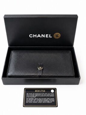 CHANEL Black Lambskin Double Flap Leather Long Wallet.